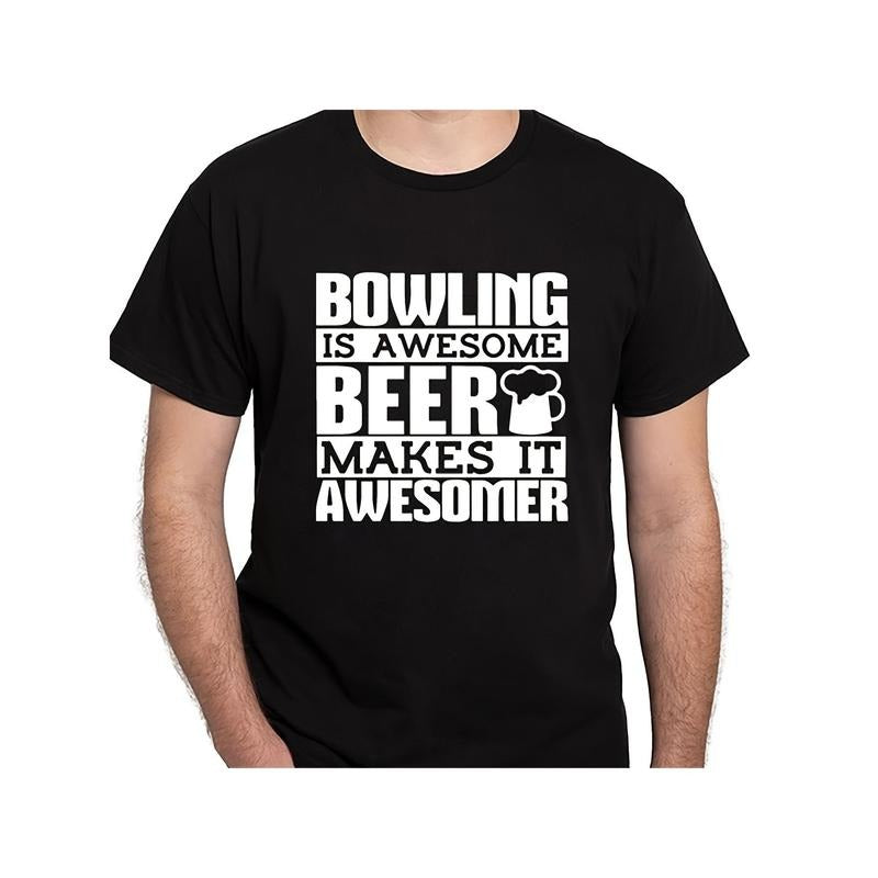 1 Men'S Cotton T-Shirt, Casual Crew Neck, Short Sleeve, Regular Fit, Knit Fabric, Non-Stretch, with "Bowling is Awesome" Print, for Daily Wear & Vacation, All-Season made in usa