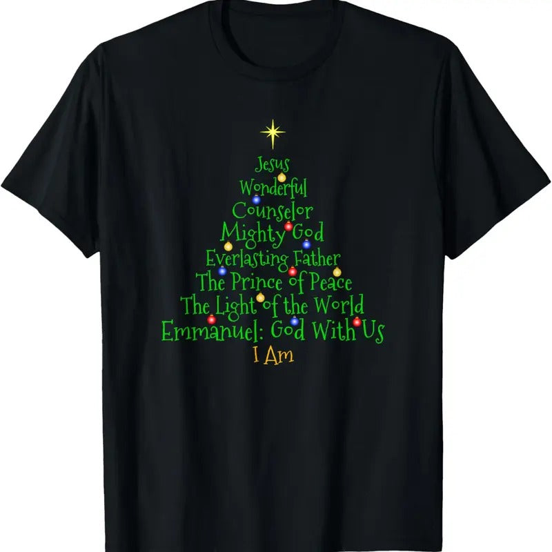 100% Cotton Christian Christmas Shirts Bible Names of Jesus Tree Shaped T-Shirt
