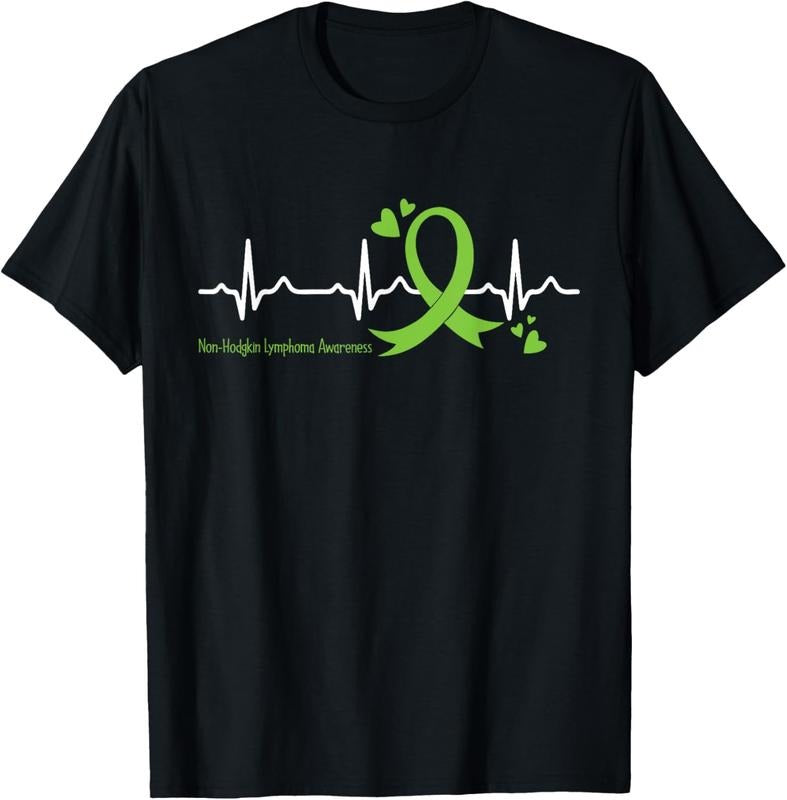 100% Cotton Heartbeat Lime Green Ribbon Non-Hodgkin Lymphoma Awareness T-Shirt