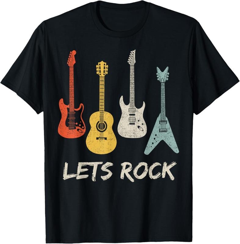 100% Cotton Lets Rock Rock n Roll Guitar Retro Gift Men Women T-Shirt