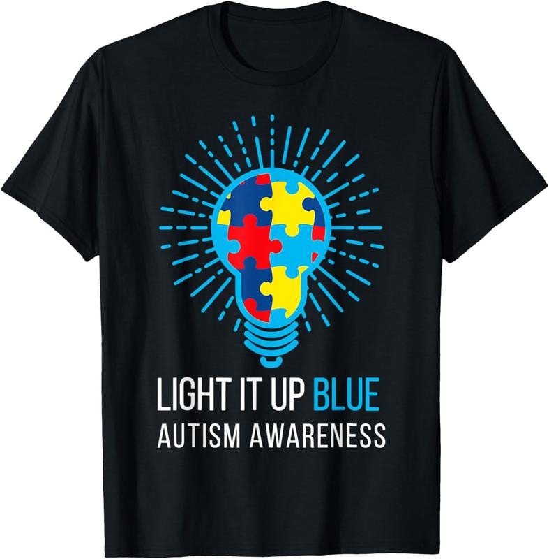 100% Cotton Light It Up Blue Autism Awareness Ribbon Puzzle Pieces T-Shirt
