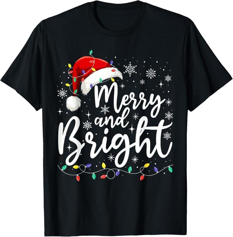 100% Cotton Merry and Bright Christmas Lights Santa Men Women Boys Girls T-Shirt