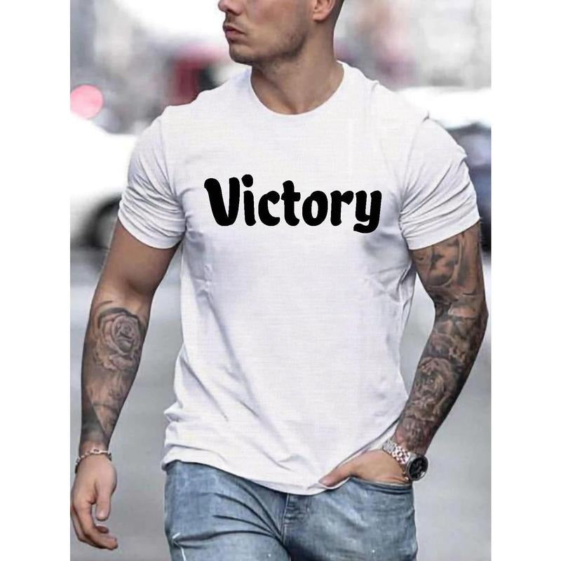100% cotton T-shirt, VICTORY Letter Graphic Print Men's Creative Top, Casual Short Sleeve Crew Neck T-shirt, Men's Clothing For Summer Outdoor Made in USA