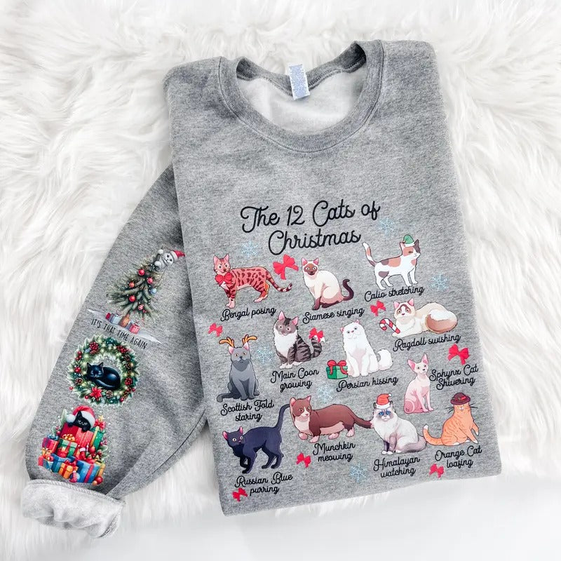 12 Cats of Christmas Holiday Sweatshirt or Hoodie with sleeve print Comfy Sublimation Tops Menswear Unisex Oversized Pullover