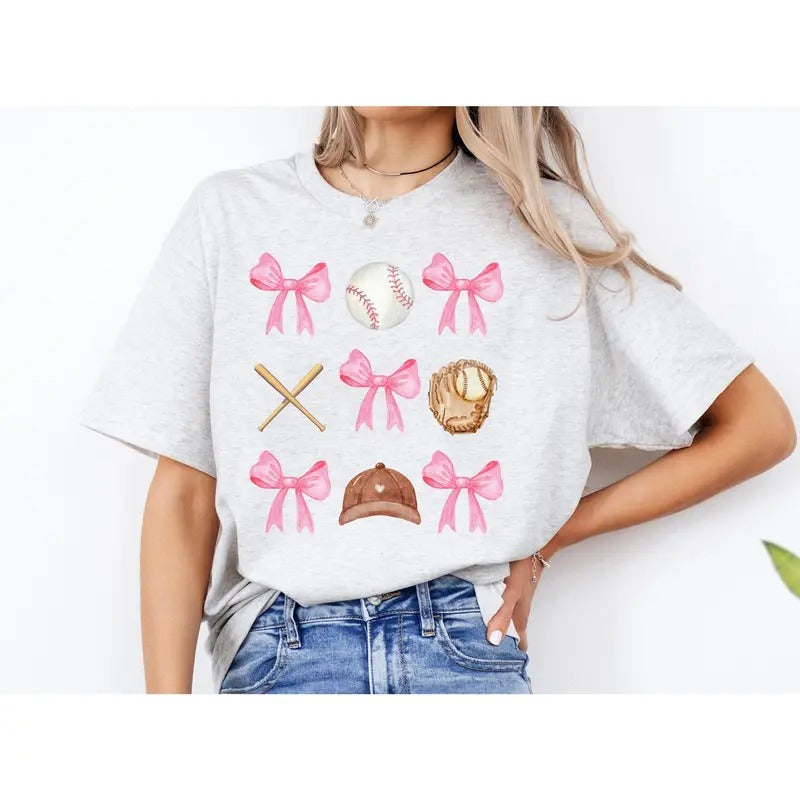 #189 - Baseball Coquette Pink Bows Bat Hat Glove Mom - Print Unisex Crew neck Tee T-shirt (Copy)
