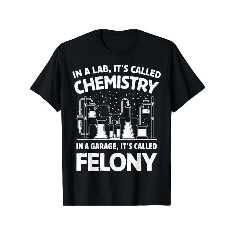 1pc Men'S Casual Cotton T-Shirt with Chemistry & Felony Quote, Geometric Lab Graphic, Round Neck, Stretch Fabric, Unisex All-Season Top for Golf, Running, Training - 180gsm Made in USA