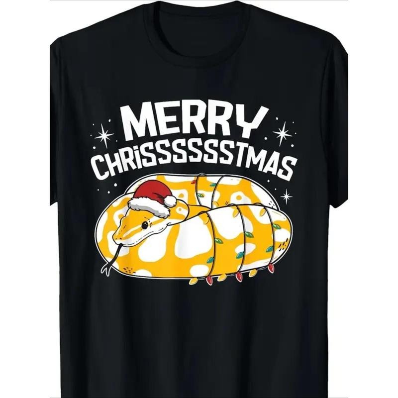 1pc Merry Christmas Snake with Santa Hat Graphic T-Shirt, 100% Cotton Casual Round Neck Tee, Digital Print Short Sleeve Top for Men, Regular Fit, Seasonal Holiday Apparel made in usa