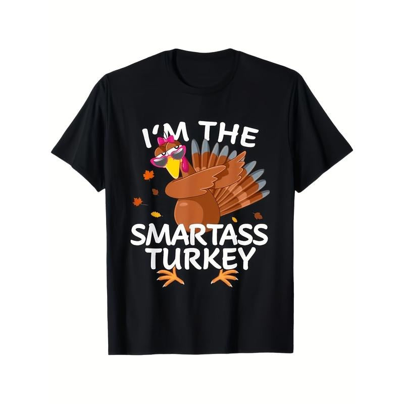 1pc Smartass Turkey Graphic T-Shirt for Men - 100% Cotton, Casual Crew Neck, Short Sleeve, Regular Fit, Summer Knit Fabric Tee, 3D Printed Pattern, Weekend Casual Wear, 220gsm - Thanksgiving & Christmas Gift Idea made in usa