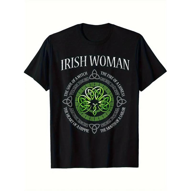 1pc Unisex Cotton Irish Witch Soul Clover Printed T-Shirt - Loose Fit, Round Neck, Short Sleeve, Digital Heat Transfer Design for All Seasons, Halloween Casual Street Style Made in USA