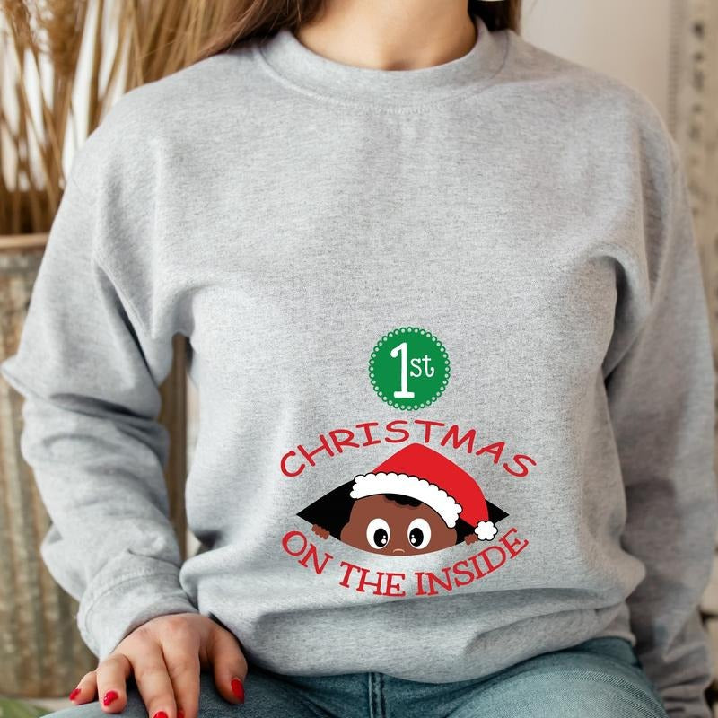 1st Christmas On The Inside Sweatshirt, Christmas Afro Baby Announcement Hoodie, Santa Pregnant Wife Gift Sweater, African Mom To Be Hoodie, Christmas Maternity Long Sleeve.