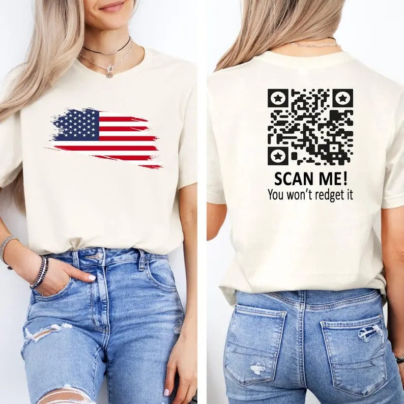 2 Sides Trump Dance QR Code T-Shirt, Trump Dance YMCA qr Code T-Shirt, Trump MAGA Election 2024, Gifts, Gift For Her, Gift For Him, Classic Fabric