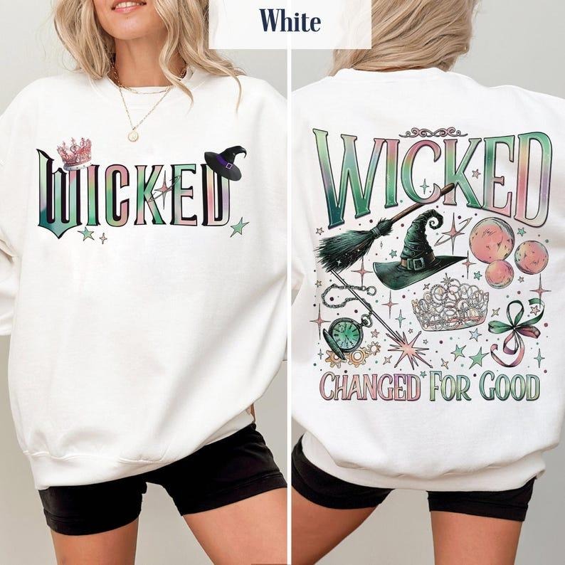 2 Sides Wicked Movie Sweatshirt, Wizard of Oz Fan Gift, Witch Pink and Green Sweatshirt, Pop Culture Graphic Wicked Musical Sweatshirt