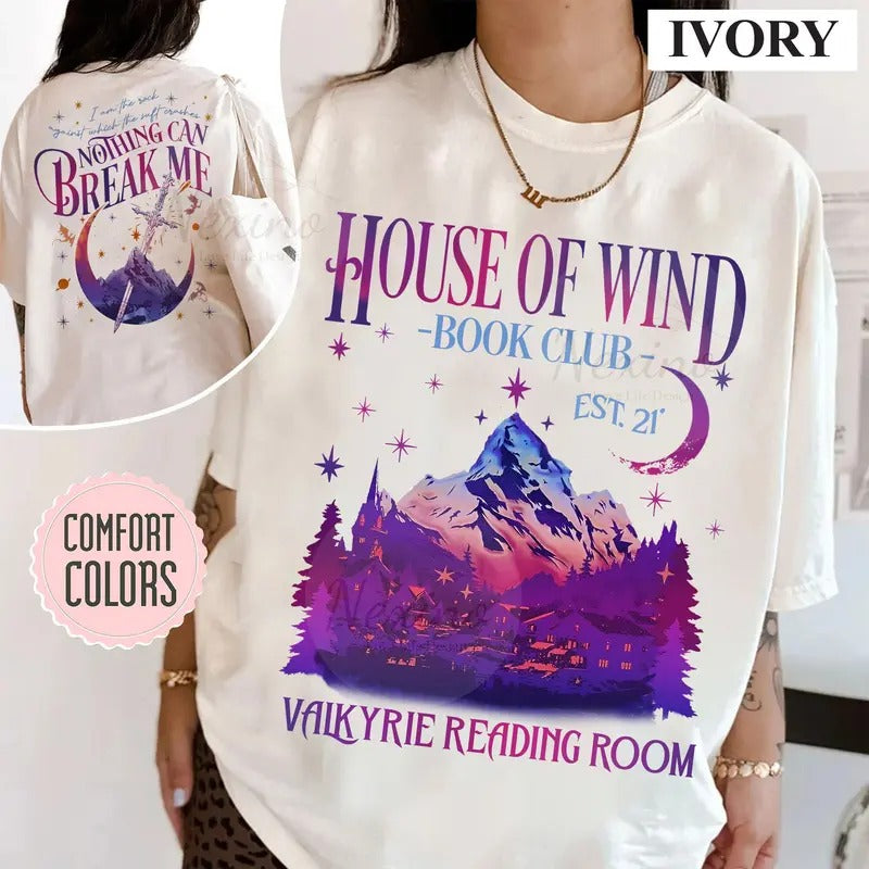 2 slides, ACOTAR House Of Wind Book Club T-Shirt | Night Court Velaris House Of Wind Library Sarah J Maas Throne of Glass, Valkyrie Reading Room SJM