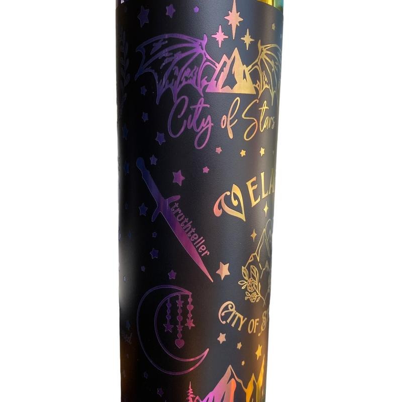 20oz Skinny ACOTAR Tumbler - Black with rainbow plated base - City of Verlaris - Night a court Tumbler - Booktok Tumbler
