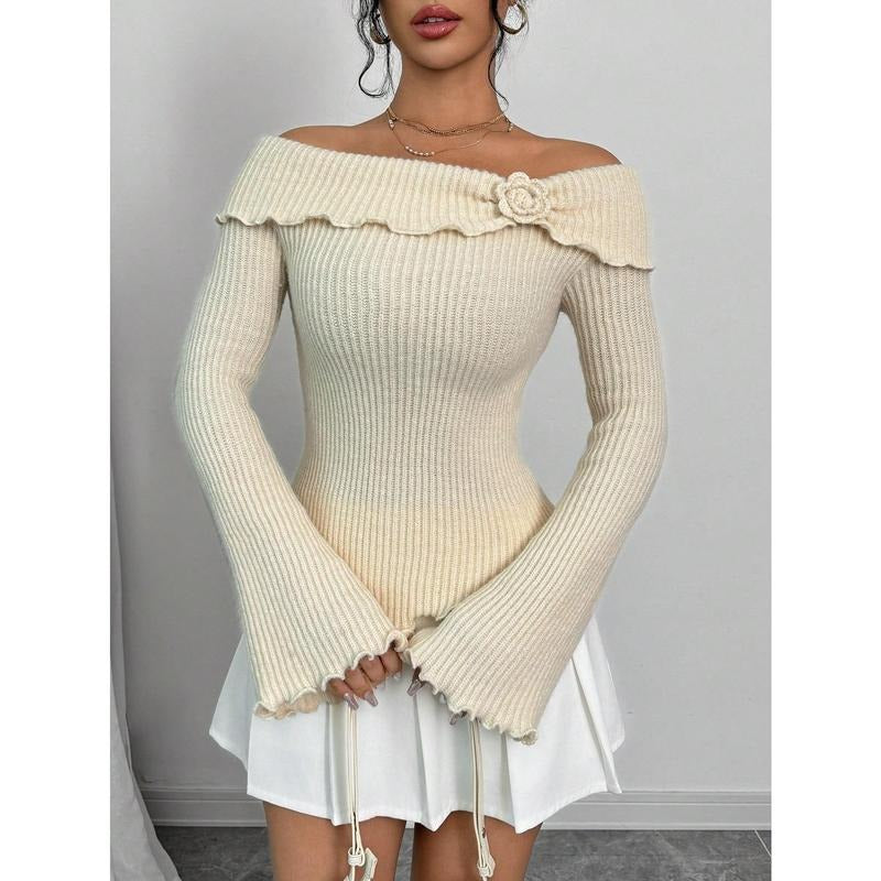 3D Floral Rib Knitted Sweater Bell Sleeve Lettuce Trim Off Shoulder Knit Top