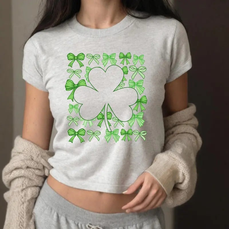 4 Leaf Clover Green Bows Baby Tee, Four Leaf Clover T, St Paddys Tee, St Pattys Day Tee, y2k baby tee, 90s baby tee, y2k, St Patricks Crop