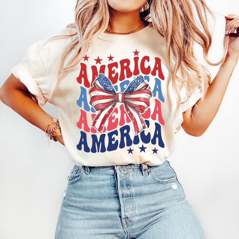 4th Of July Tshirt, America Flag Bow Shirt, Independence Day Women Tee, 4th Fourth Of July, America Girl Shirt, Unisex T-Shirt, Gifts For Men Women, Short Sleeve Tee Shirt, Gifts For Birthday Fathers Day Christmas Anniversary Thanksgiving