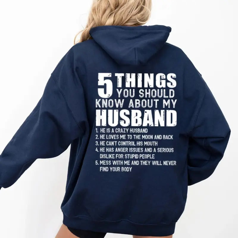 5 Things You Should Know About My Husband (On Back) Hoodie Casual Street Style Fleece Fabric Pullover Sweatshirt for Women for Men, Perfect Gift