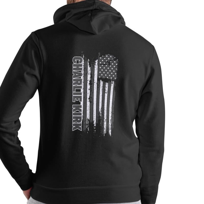 Charlie Kirk Freedom Hoodie Unisex 50/50 Blend Long Sleeve Classic Fit Casual Wear Comfortable Soft Texture with American Flag Design