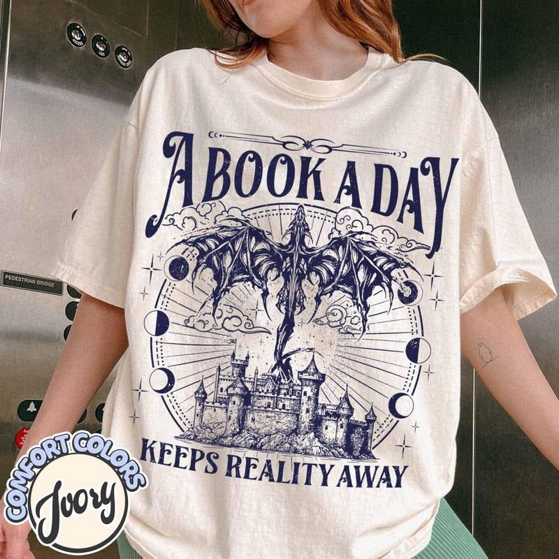 A Book a Day Dragon Comfort Colors T-shirt, Bookish Shirt, Book Club Shirt, Fantasy Book Merch, Gift for Reader, Librarian Shirt BWUB5
