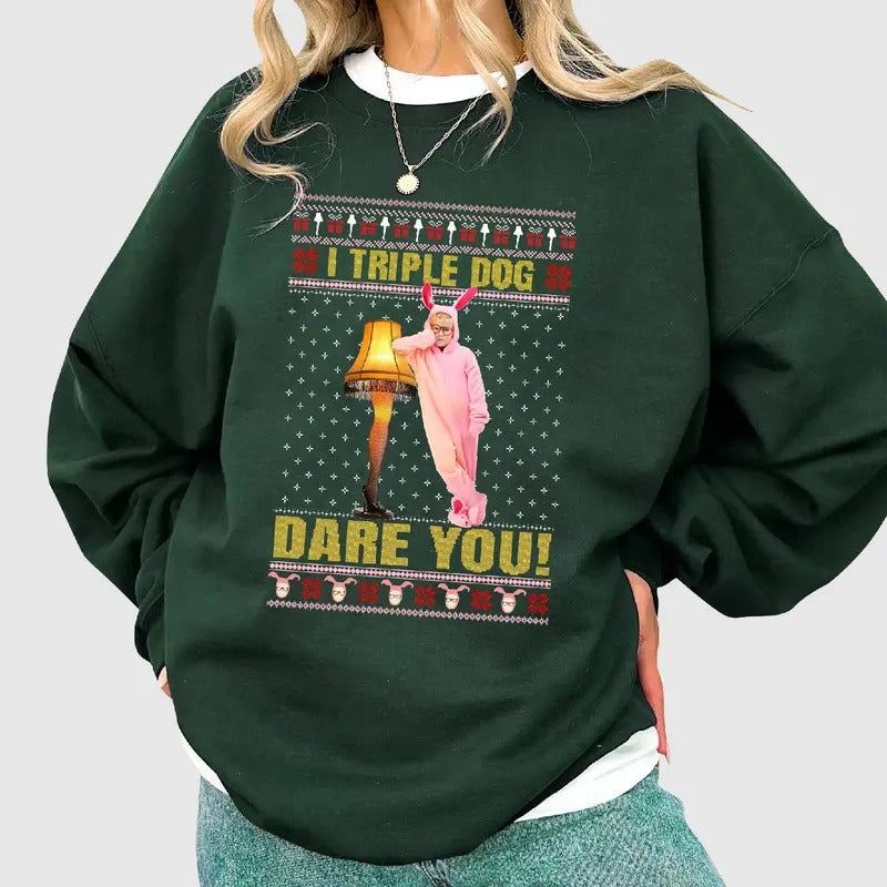 A Christmas Story Ugly Xmas Sweatshirt, Ralphie Leg Lamp I Triple Dog Dare You Ugly Christmas Sweater Shirt, Christmas Xmas Gifts