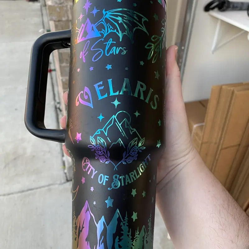 ACOTAR 40oz Engraved Tumbler with "VELARIS" and "CITY OF STARLIGHT" Design, Black Finish, Ideal for Coffee, Tea, and Beverages