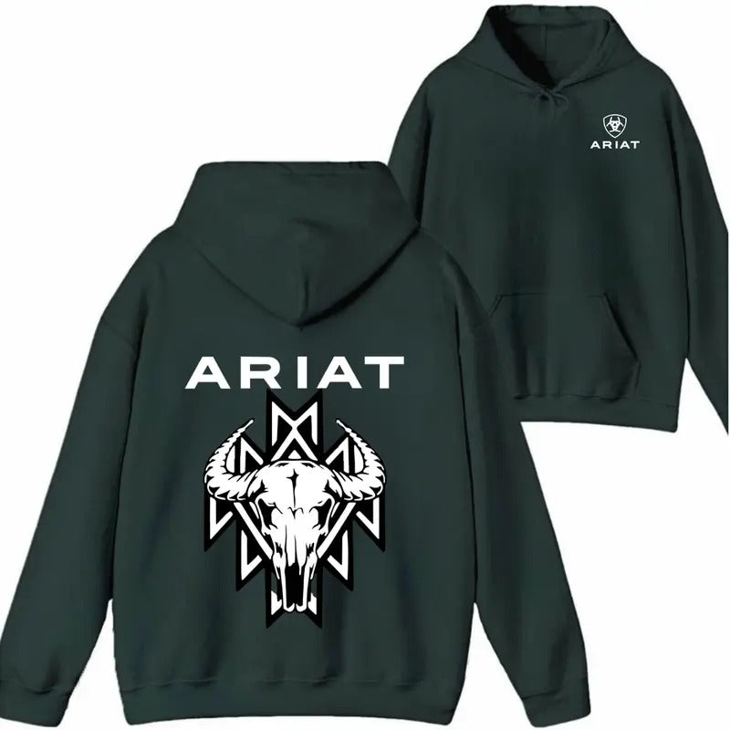 ARIAT Hoodie Sweatshirt T shirt- Bold Bull Skull Design with Tribal Pattern, Ideal for Western Fashion Enthusiasts Unisex Menswear Tops Pullover Long Sleeve Casual