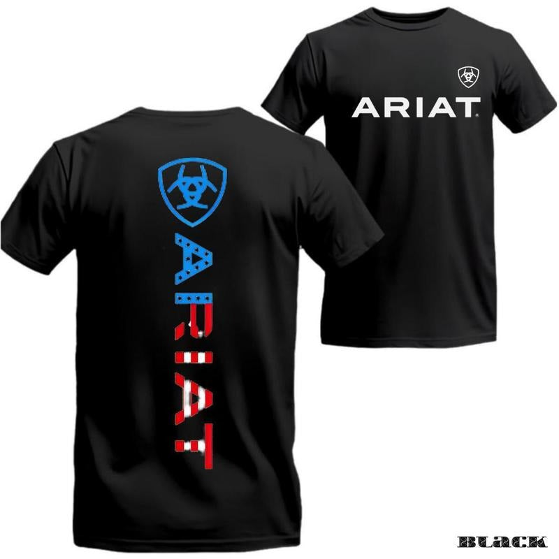 ARIAT T-Shirt - Vertical logo design with bold American flag pattern, suitable for both men and women who appreciate a modern and patriotic style.