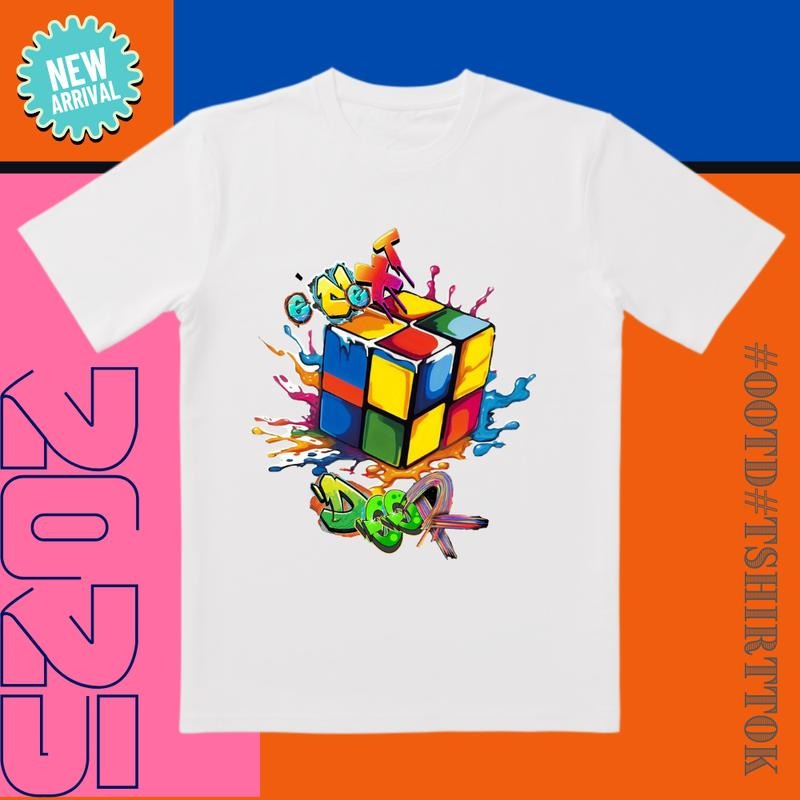 'Neon Rubik' 3D Printed Tee | Color-Splash Design & Embossed Details | Trendy All-Day Style for Streetwear/Date Night/Active Life