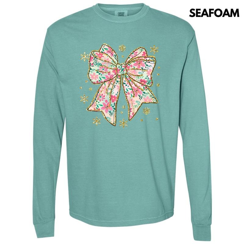 Adorable Big Floral Bow Long Sleeve Comfort Colors T-Shirt 'NLB'