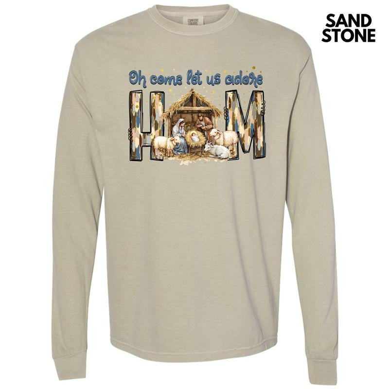 Adore Him Nativity Scene Long Sleeve Comfort Colors T-Shirt 'NLB'