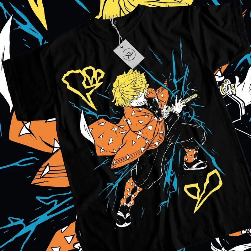 Agatsuma Zenitsu Shirt Demon Slayer Kimetsu No Yaiba Anime Black Shirt Tshirt S-4XL