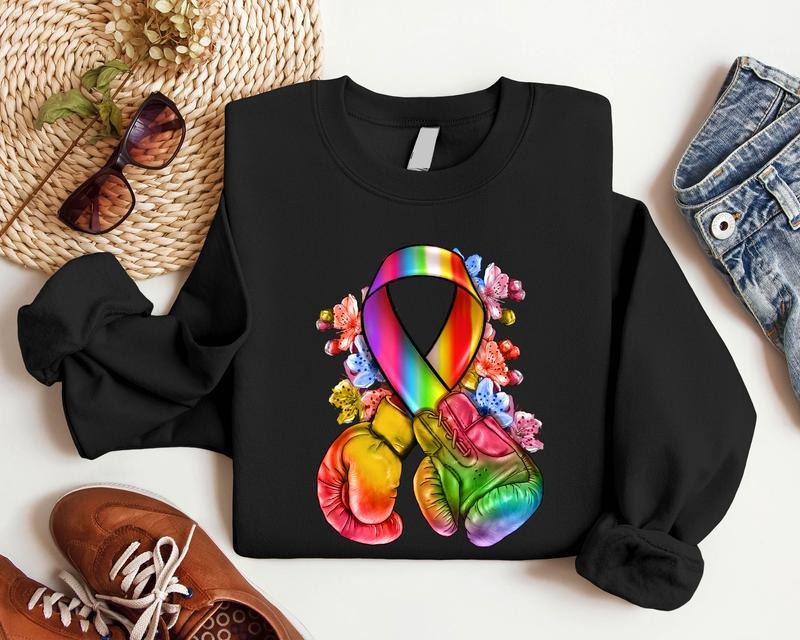 All Color Ribbon With Boxing Gloves Sweatshirt, Matching Warrior Support Squad, Cancer Awareness Hoodie, Colorful Cancer Fighter Gift Sweater, Cancer Motivational