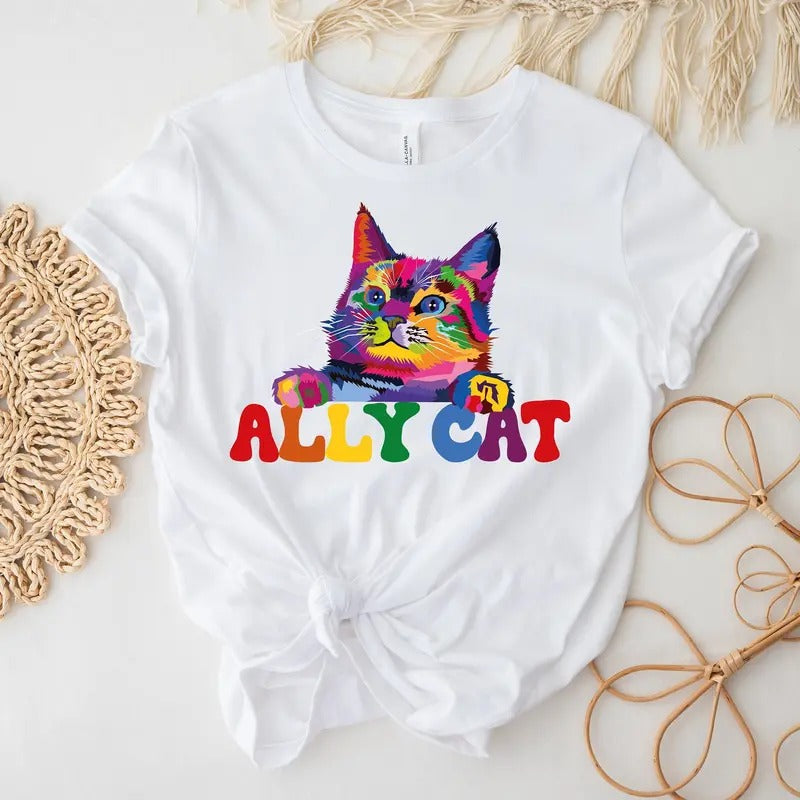 Ally Cat LGBT T Shirt Hoodie Sweater Ally Pride Vintage LGBT Shirt Pride Month Gift Human Rights LGBT Support Tee Equality Rights Gift Proud Women Shirt