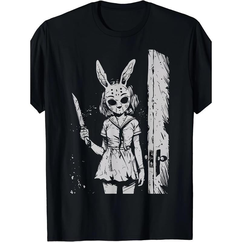 Alternative Gothic killer horror anime, 1 piece, 100% cotton T-shirt, Rabbit mask girl, niche design print, high quality breathable material, casual and versatile Made in USA