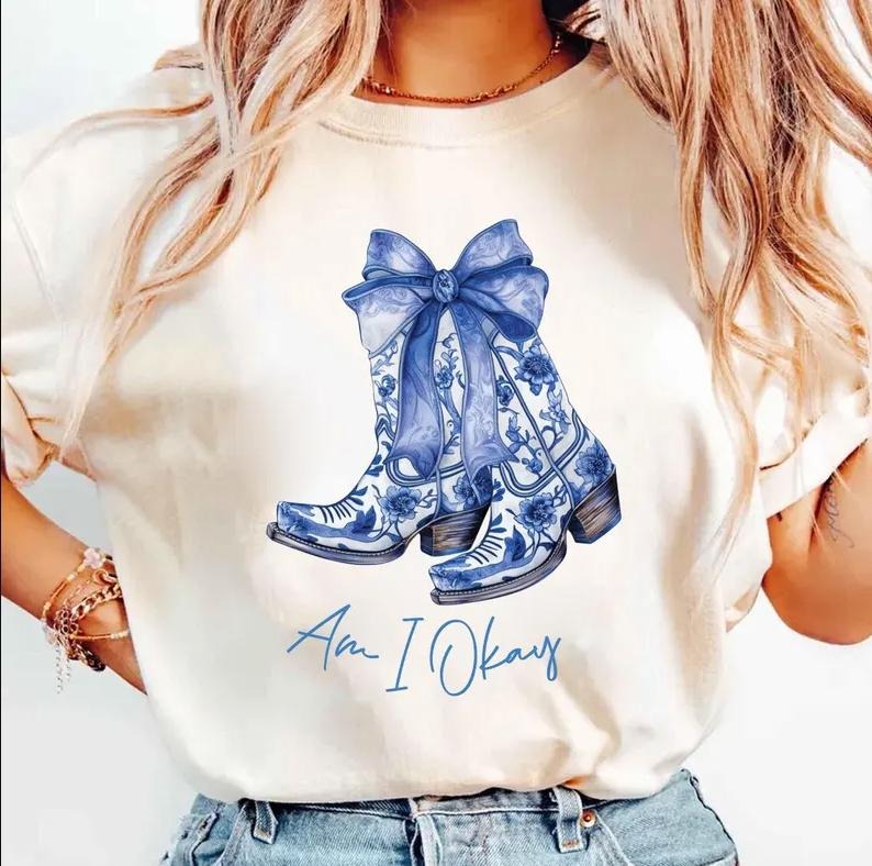 Am I Okay Cowgirlllll Coquette Bow Women Girl T-Shirt, Blue Boots Country Concert Shirt