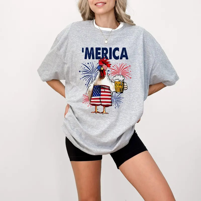 America 4th July Chicken Beer Hawaiian Shirt, Patriotic Chicken Shirt, American Chicken Shirt, 4th of July Shirt, 4th of July Chicken Shirt