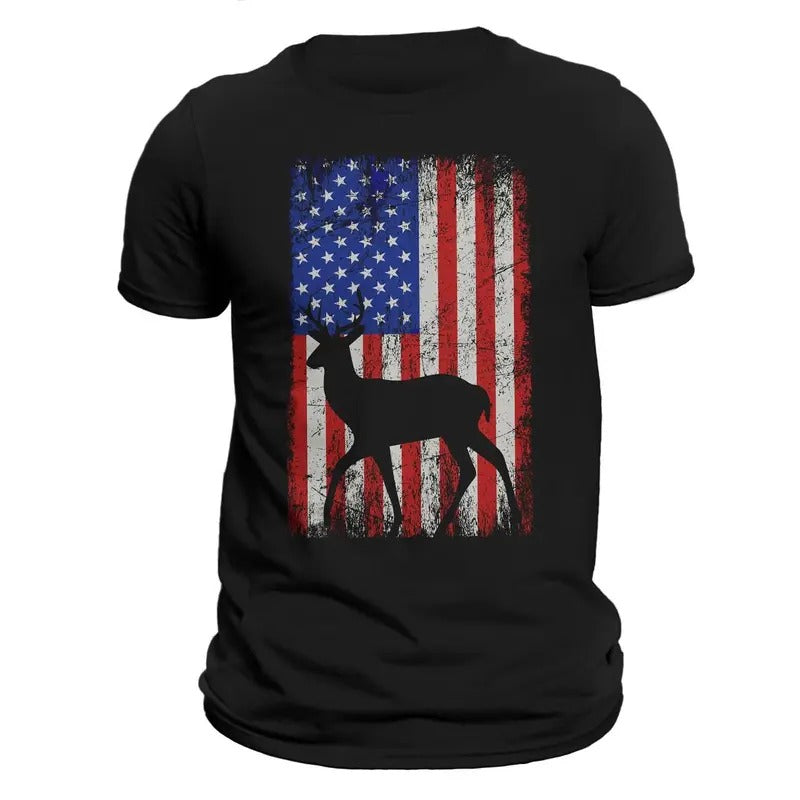 American Deer Hunting Patriotic Hunter Flag Men's T-Shirt Casual Classic