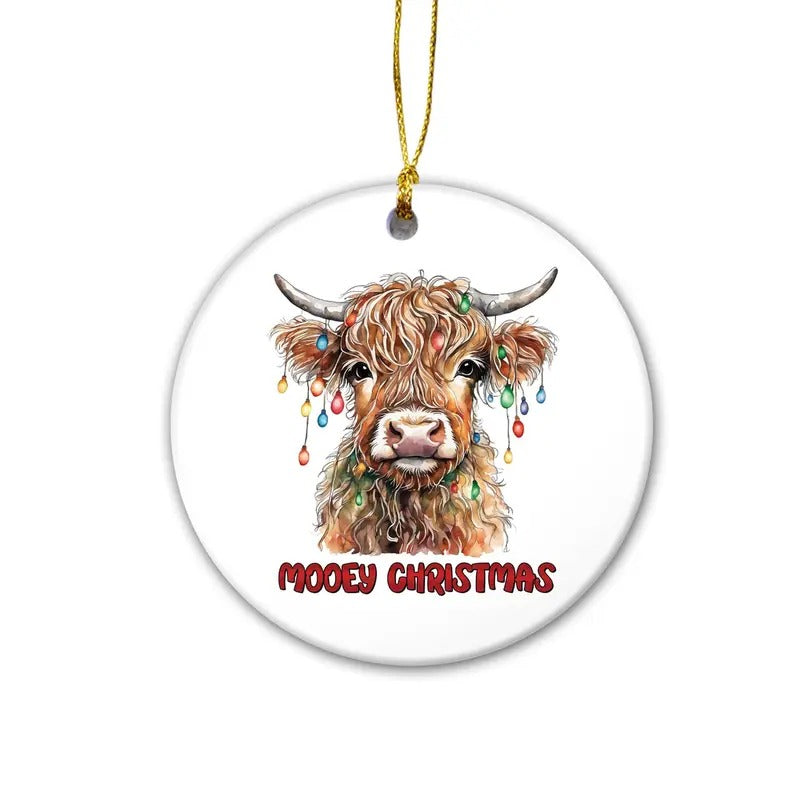 Animal Highland Cow Christmas Tree Ornament, Rustic Animal Ornament, Homestead Christmas Decor Ornament Print Metallic
