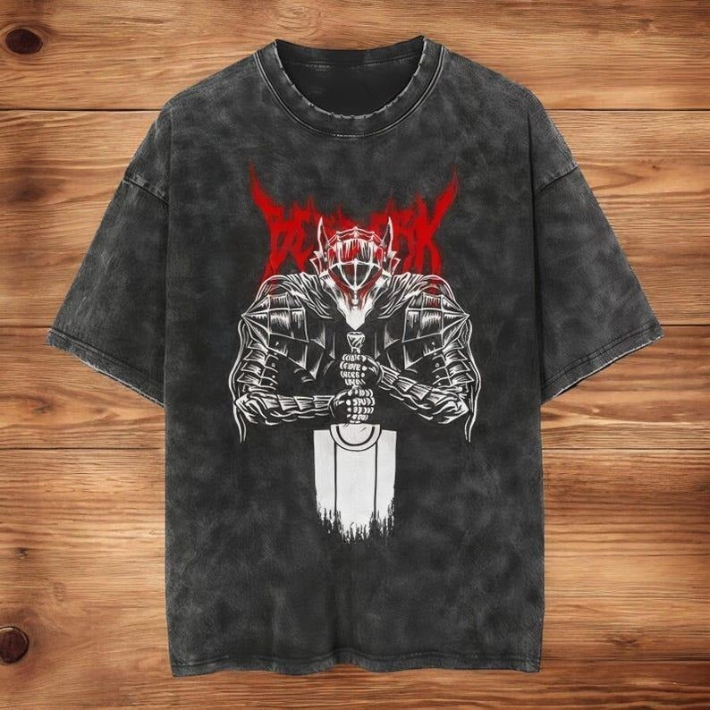 Anime Manga Berserk Mens Washed T Shirt, Guts Character Graphic Inspired Washed Vintage Mens T Shirt