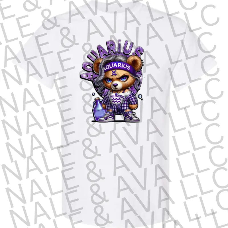 Aquarius Girl Zodiac Bear Graphic T Shirt for Women