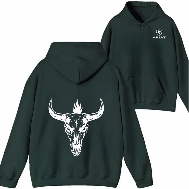 Ariat Hoodie Sweatshirt T shirt- Bold Skull and Flames Design, Unisex, Perfect for Casual Wear and Outdoor Adventures - Sweaters, Womenswear