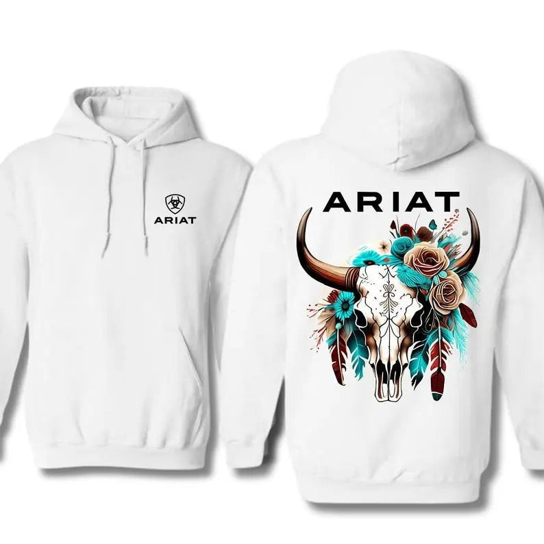 Ariat Hoodie T-shirt Sweatshirt, Ariat Bull Skull & Floral Long sleeves, Perfect Outdoor Menswear For Every