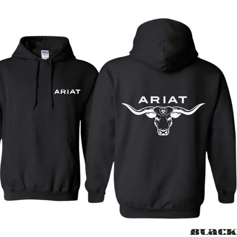 Ariat Hoodie, Western-style longhorn bull head design, suitable for outdoor activities and casual wear, providing a bold style. Unisex.