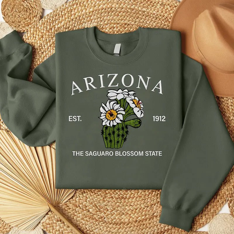Arizona Saguaro Blossom Embroidered State Flower Sweatshirt, Hometown Embroidered Shirt, Favorite Flower Embroidered Shirt