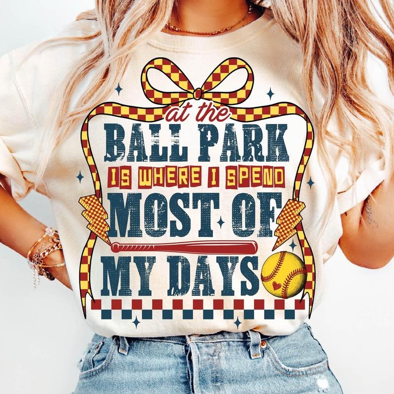 At The Ballpark Is Where I Spend Most Of My Days T-Shirt, Retro Softball Mom T-Shirt, Softball Baseball Coquette Funny Softball Game Day Mom T-Shirt