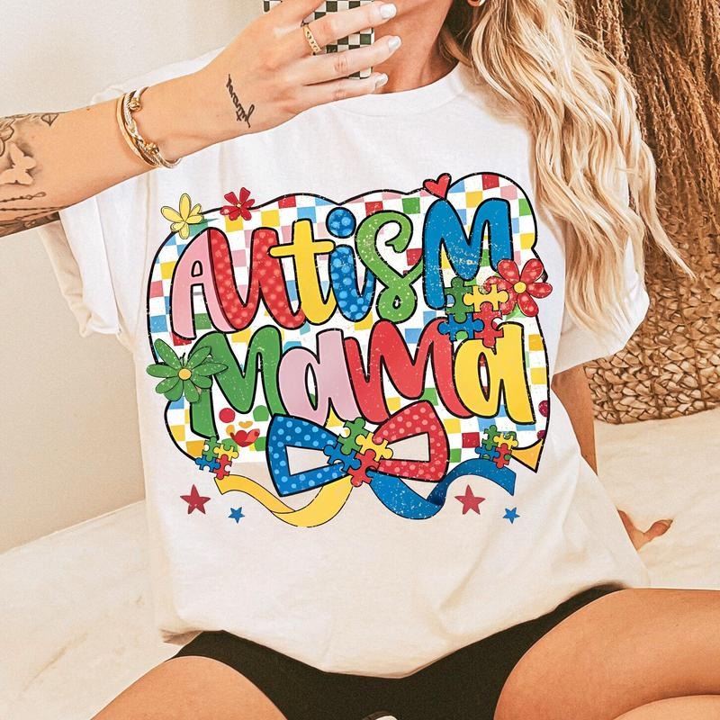 Autism Mama Shirt, Autism Awareness Coquette Shirt, In April We Wear Blue Shirt, Checkered Autism Bow Shirt, Special Education Shirt, Neurodiversity