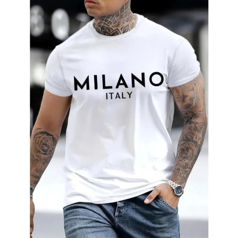 Men's Casual Italy Milan Lettering Printed Round Neck T-Shirt - Summer/Autumn Wear, Slightly Elastic, Relaxed Fit Made in USA