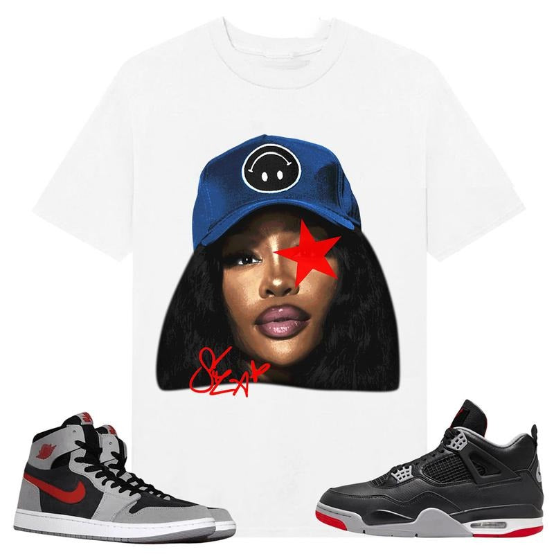 BIG FACE SZA Star, Shirt to match A J 1 High Zoom CMFT 2 Fire Red Cement Grey, A J 4 Bred, Shirt to matching Sneaker