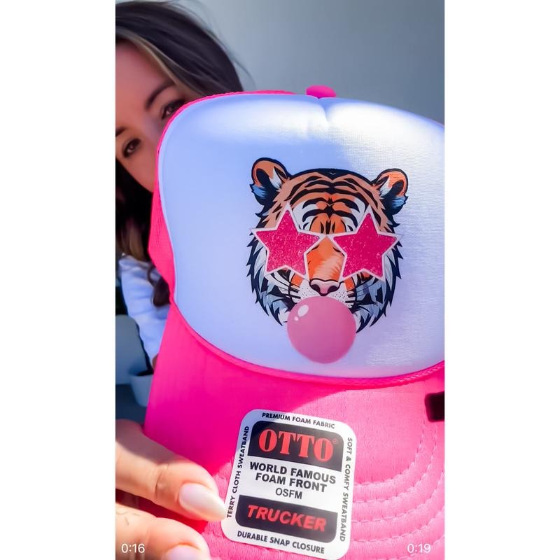 BUBBLE GUM TIGER NEON PINK WHITE TRUCKER HAT